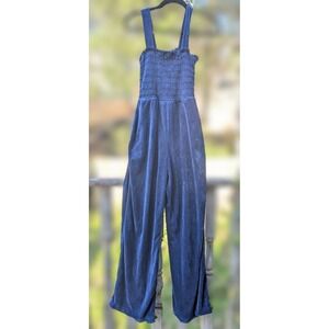 Juicy Couture Heritage Smocked Velour Jumpsuit Regal Blue Pockets Coquette